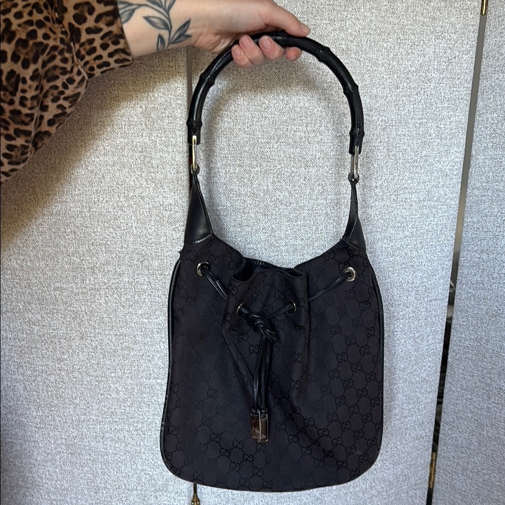 Gucci Black GG Canvas Bamboo-Handle Shoulder Bag